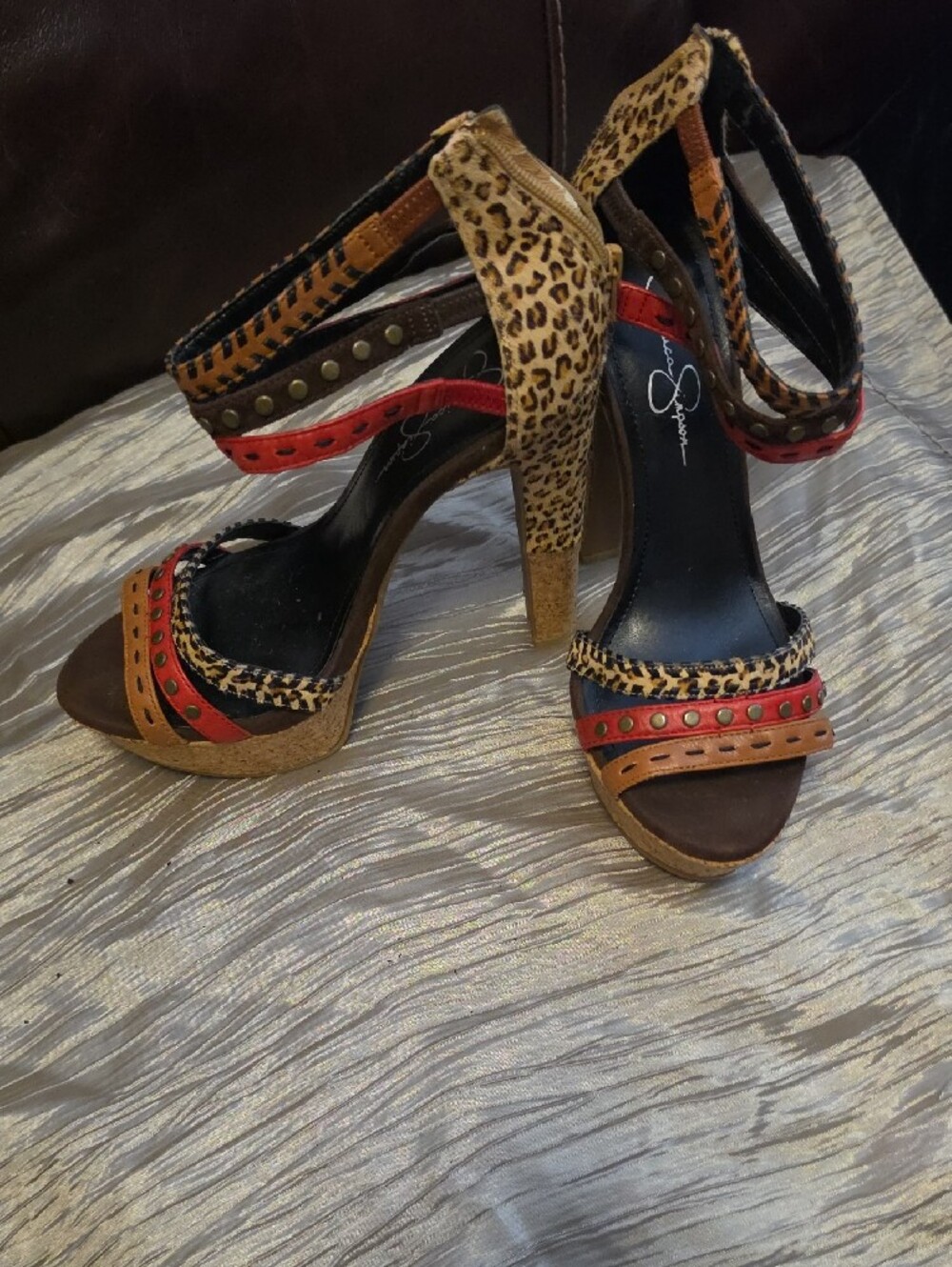 Jessica Simpson Brown Leopard Print & Red Accent Women's Sandals - Picture 2 of 4